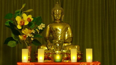 Buddha statue in the Meditation Hall at Turning Wheel Buddhist Temple, Leicester
